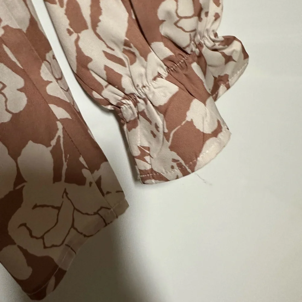 Ruffled Long Sleeve Blouse with Mandarin Collar in Brown and Orange